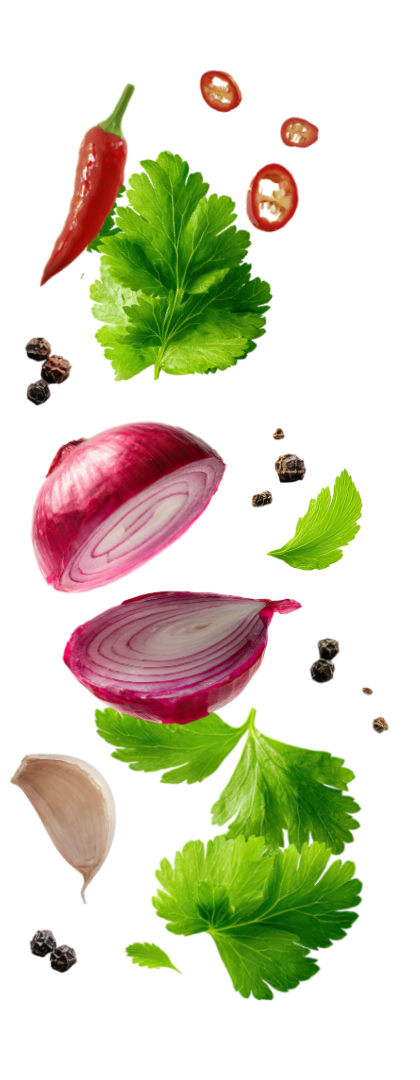 Herbs and spices, including onion, chili, and parsley, against white background.