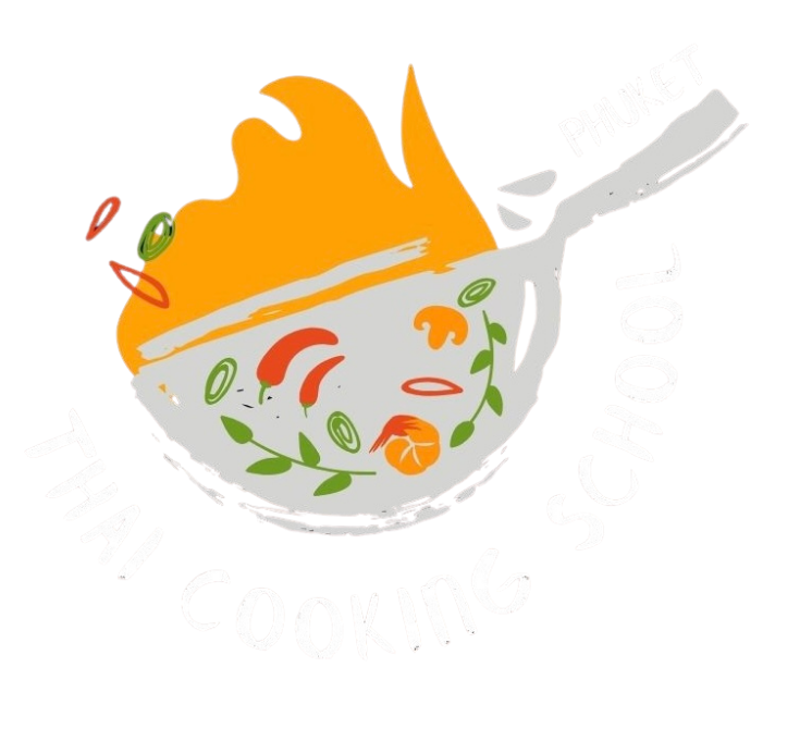 Stylized wok with vegetables and flames for a cooking school logo.
